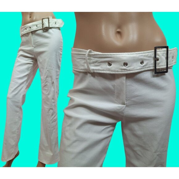 Y2K White Bootcut Pants Big Buckle Belted Stretch Mid Rise US Size 7 - Picture 1 of 7